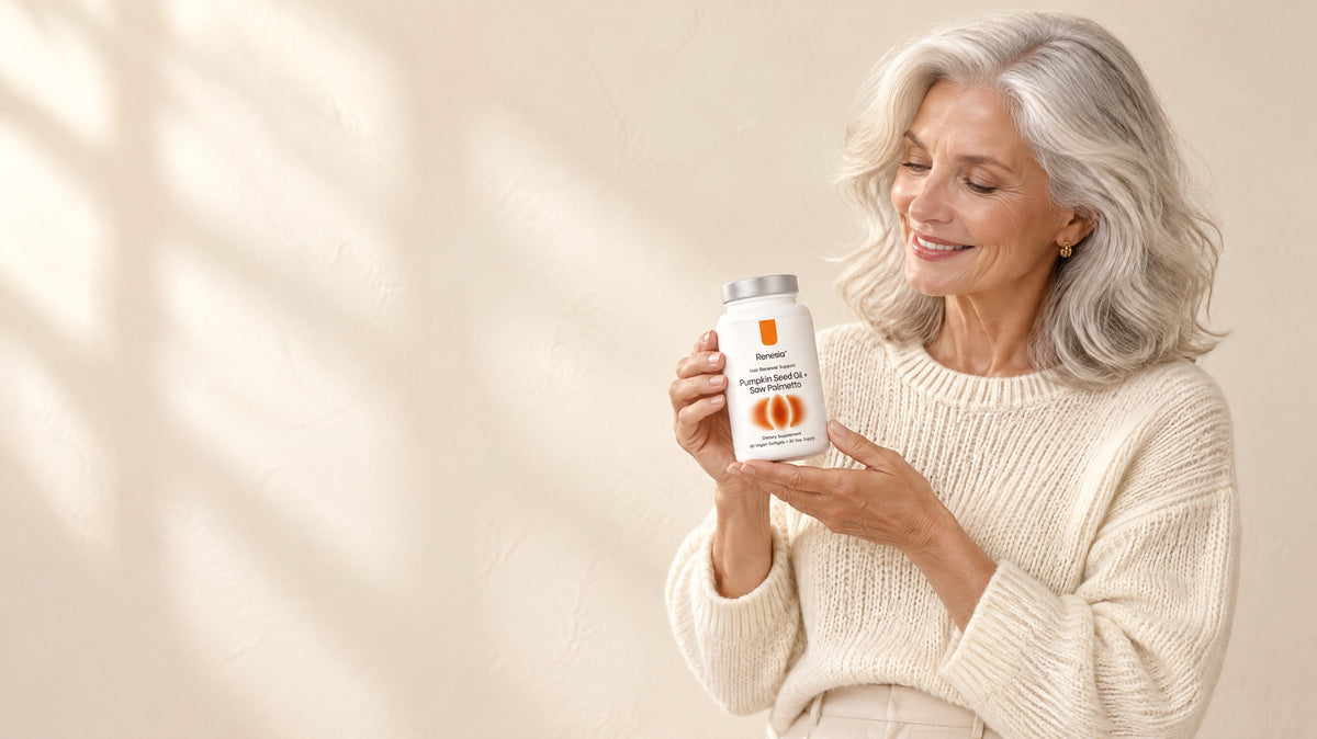 A woman with full silver hair smiling at her bottle of Renesia softgels