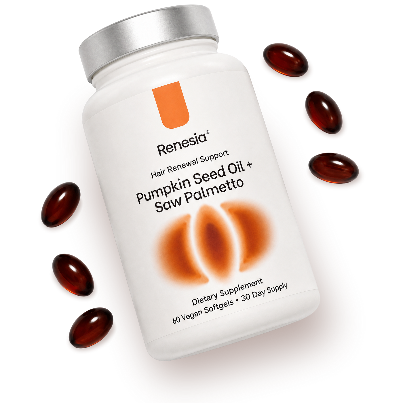 Renesia Pumpkin Seed Oil and Saw Palmetto bottle lying flat with softgels scattered around it