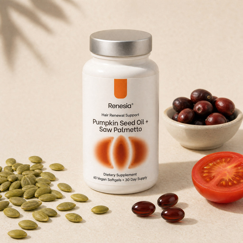 Renesia bottle surrounded by its raw ingredients
